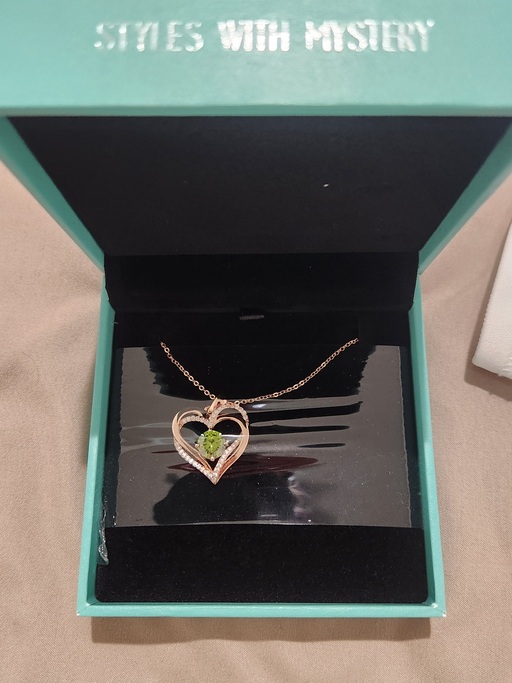 Silver & Gold Heart Pendant Necklace with Green Stone